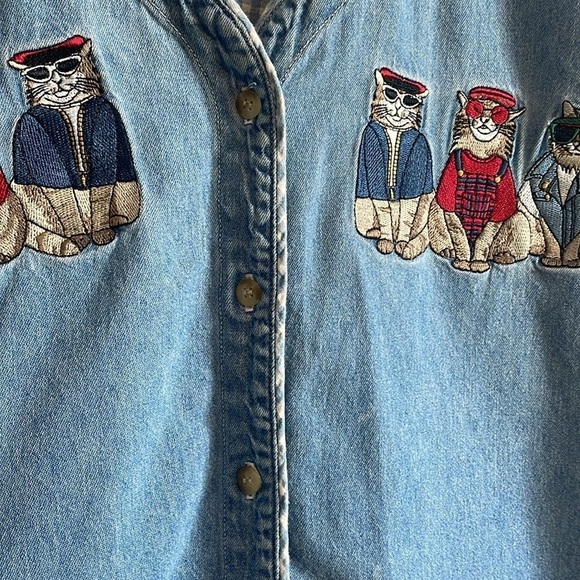 90s Cottage Cat Embroidered Cool Shirt Denim Granny Large Jean Blue Catlady - Picture 6 of 16